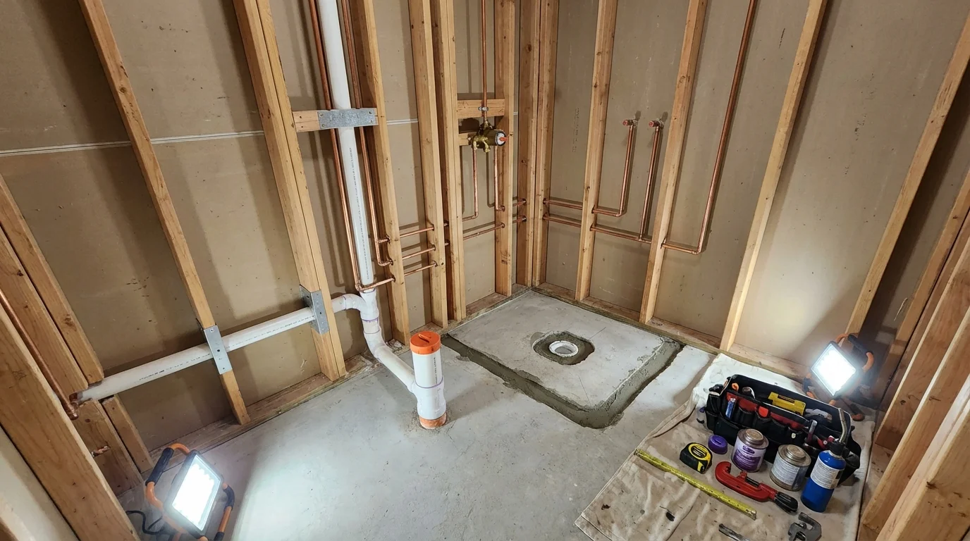 Bathroom rough-in plumbing during remodel by Johns Plumbing LLC in Cedar Springs