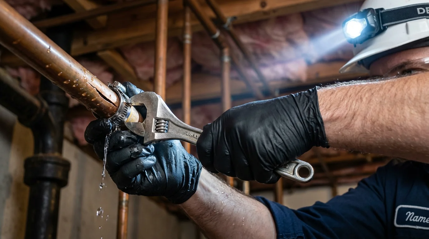 Emergency pipe clamp repair being performed by a Johns Plumbing LLC plumber in Cedar Springs