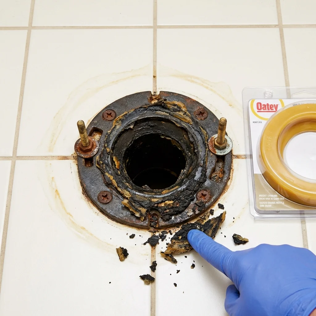 Failed wax ring showing water seepage at the base of a toilet in a Cedar Springs, MI home