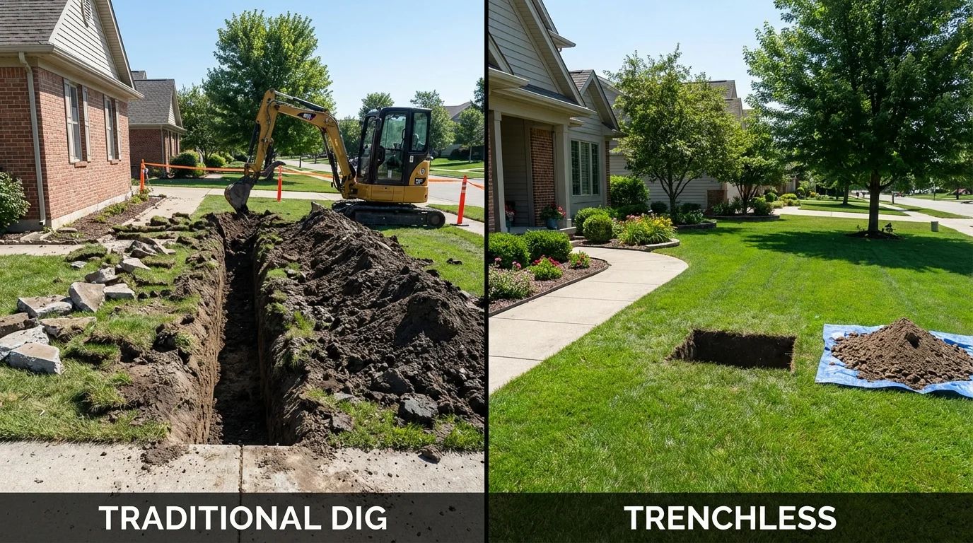 Trenchless sewer repair with minimal yard damage versus traditional excavation in Cedar Springs, MI