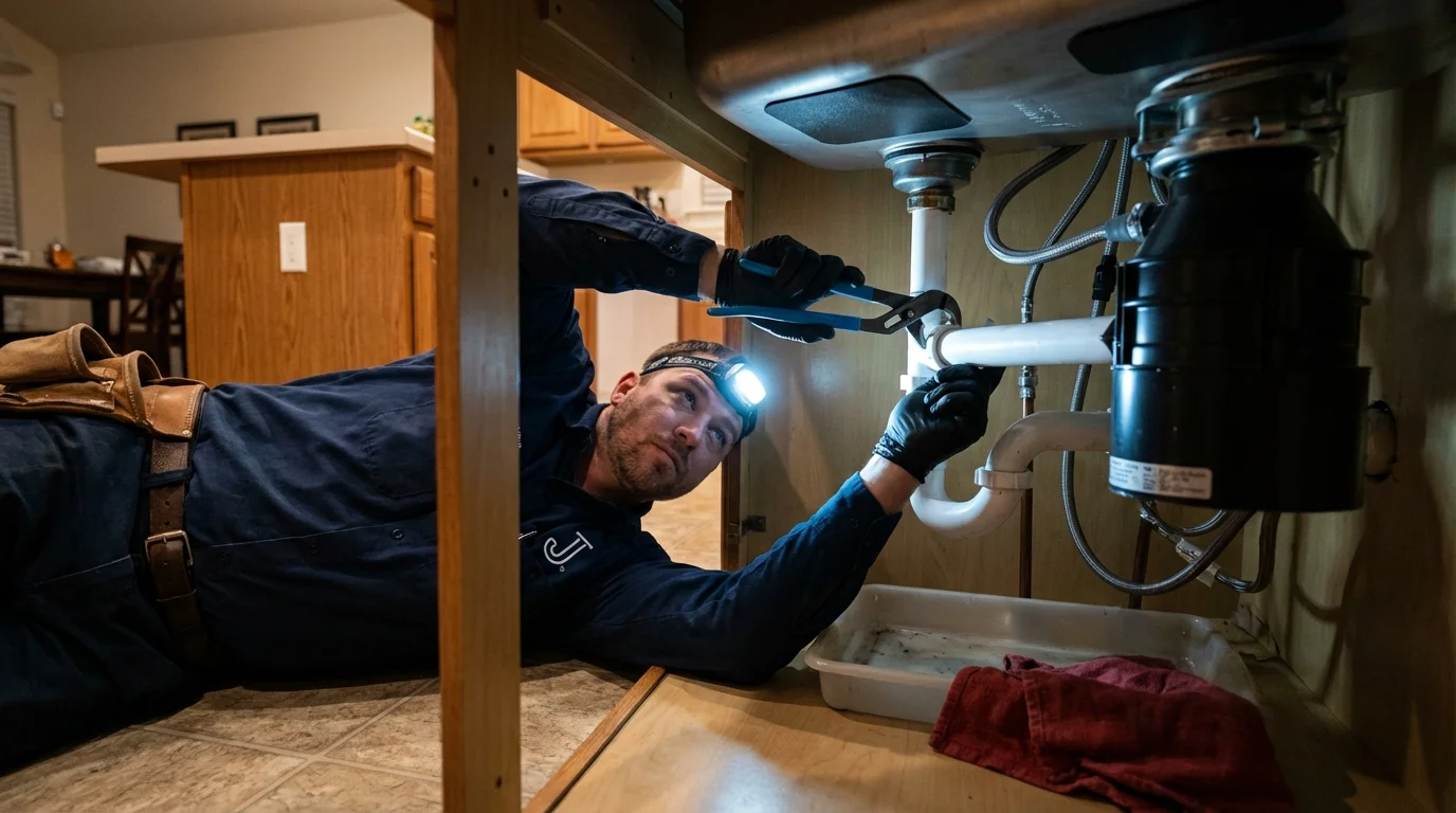P-trap and supply line connections under a kitchen sink showing a common leak point in Cedar Springs, MI